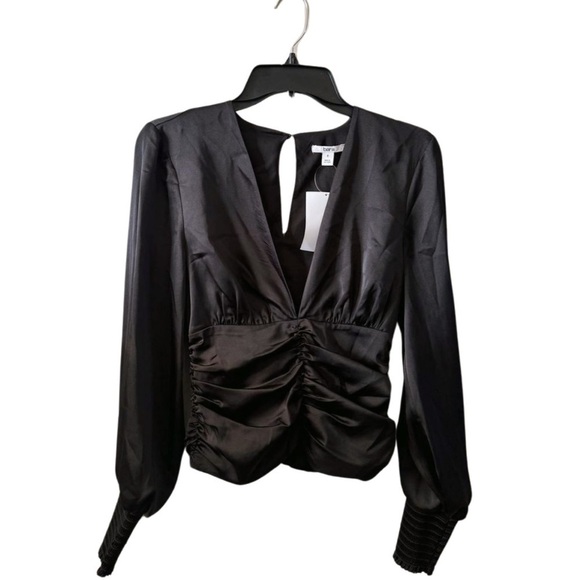 BAR III V-Neck Ruched Blouse size 0 Cupid Button Closure Long Sleeve black - Picture 8 of 15